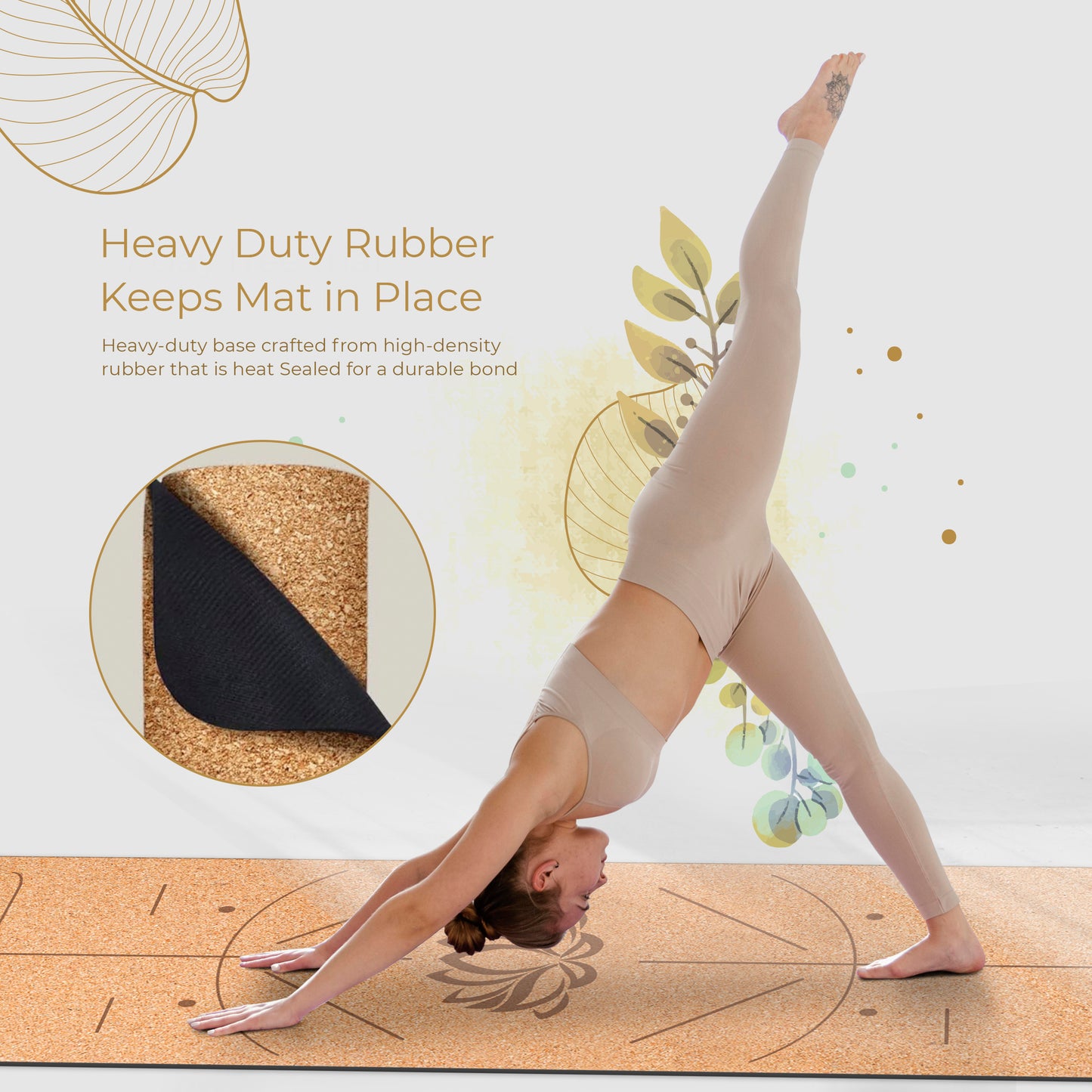 Eco-Friendly Yoga Mat | Cork + Natural Rubber | Includes Carrying Strap | With Alingment lines | Non Slip Exercise & Fitness for Home Workout